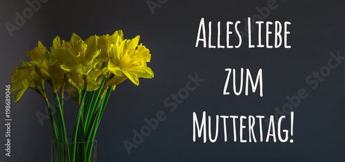 Fototapeta Naklejka Na Ścianę i Meble -  Muttertag im Mai. Alles Liebe. Ein strauß Narzissen mit Schriftzug. Konzept für eine Grußkarte oder die Glückwünsche zum Muttertag.