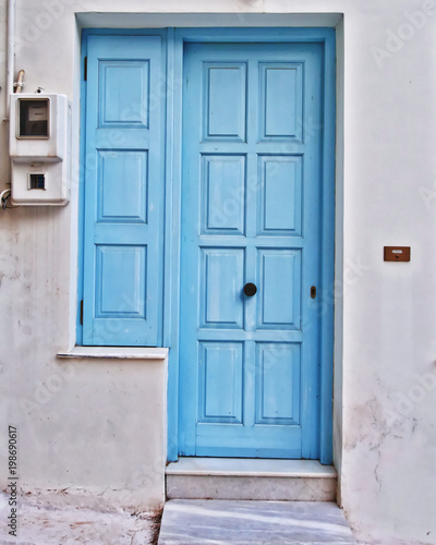 Greece, blue white house door and window © Dimitrios