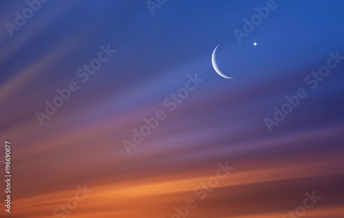 Obraz na płótnie Religion background . Red sunset and moon . Against the background of clouds . beautiful sky . Yellow and pink clouds . Sunset and new moon . Prayer time . Generous Ramadan w salonie
