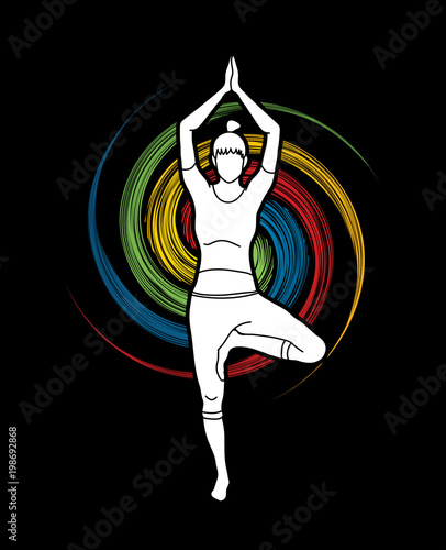 Yoga Class, A woman practice yoga designed on spin wheel background  graphic vector.