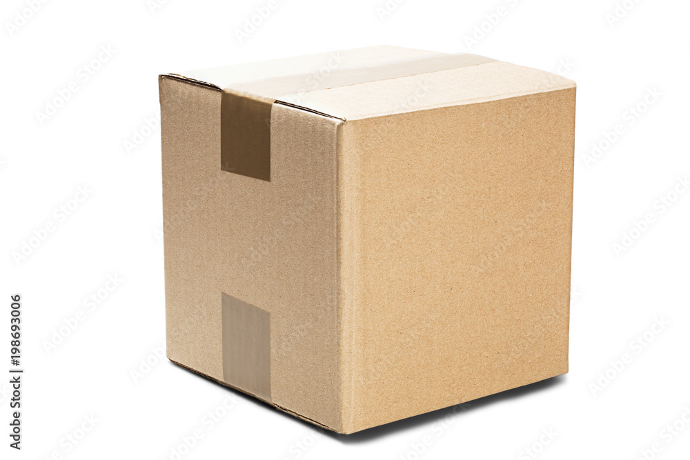 Cardboard box for post service on isolated white background. Parcel with empty space for your text. Pattern for delivery or post service.