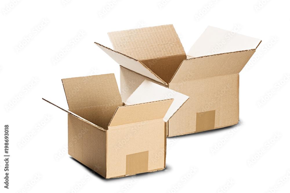 Cardboard box for post service on isolated white background. Parcel with empty space for your text. Pattern for delivery or post service.
