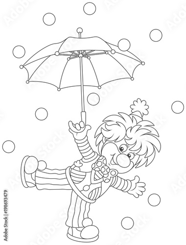 Friendly smiling circus clown dancing under an umbrella in rain of small balls, a black and white vector illustration in a cartoon style for a coloring book