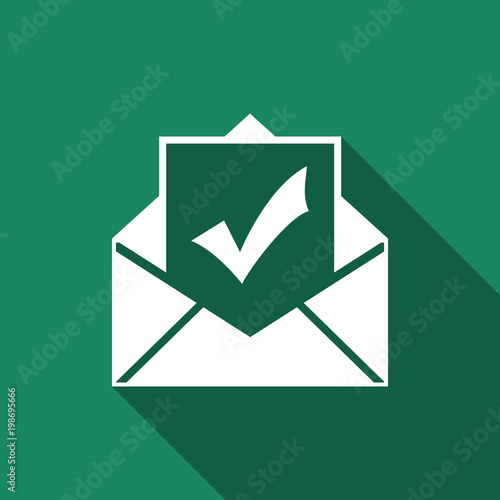 Envelope with document and check mark icon isolated with long shadow. Successful e-mail delivery, email delivery confirmation, successful verification concepts. Flat design. Vector Illustration