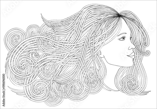Profile beautiful woman with waving long hair. Graphic style. Beauty salon. Vector illustration