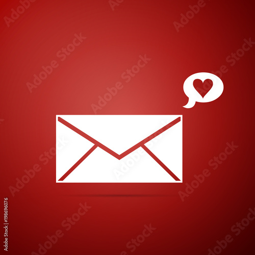 Envelope with Valentine heart icon isolated on red background. Message love. Letter love and romance. Flat design. Vector Illustration