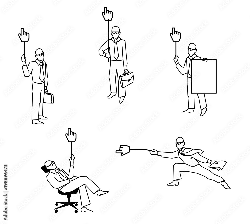 Vector illustration in a flat style of business men and situations with cursor or bag.