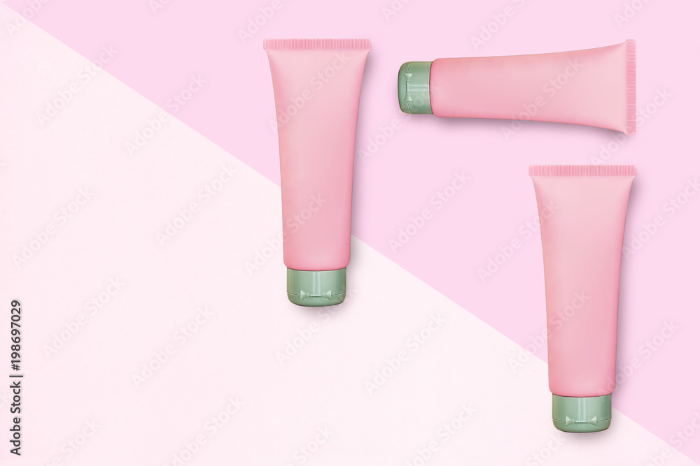 Cosmetics products, cosmetic set in Spa concept pink branding mock-up, top view, Cosmetics products, cosmetic set in Spa concept pink branding mock-up, top view,
