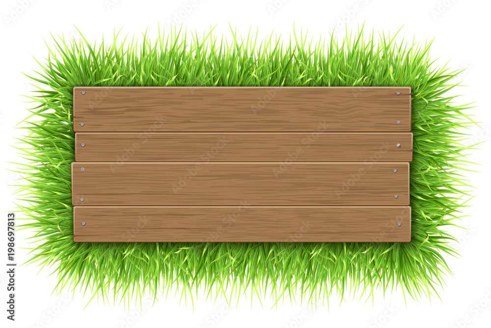 Empty wooden sign with space for text on a green grass background. The template for a banner or an advertisement for a seasonal discount. Empty wooden sign with space for text on a green grass background. The template for a banner or an advertisement for a seasonal discount.