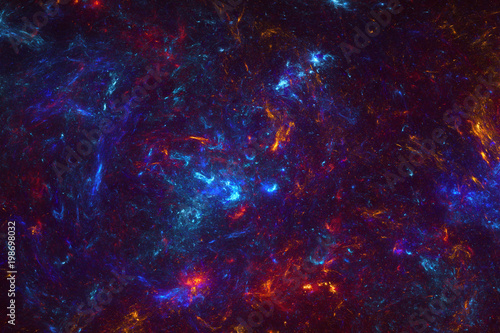 Blue and red space nebula - background, Fractal shapes fantasy pattern - blue, red and black,  Colorful fractal paint, lights on the subject of art, abstract, creativity