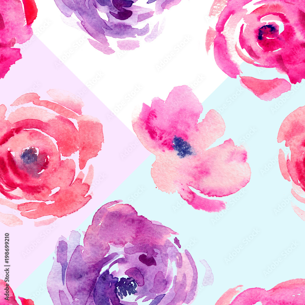 Naklejka Różany wzór z naturalnych akwareli ilustracjami akwareli róże na papierze. Niesamowite dla karty ślubu, tekstyliów, tapet, kartek okolicznościowych, stron internetowych, tła, etykiet.