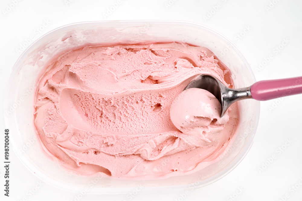 Top view of raspberry ice cream in plastic box Top view of raspberry ice cream in plastic box