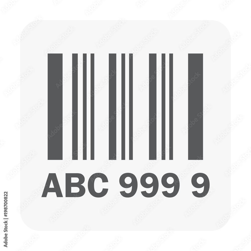 Obraz premium Barcode identification label icon showing a linear product code with letters and numbers representing SKU labeling, retail data, package tracking and automated recognition. Clean vector design.