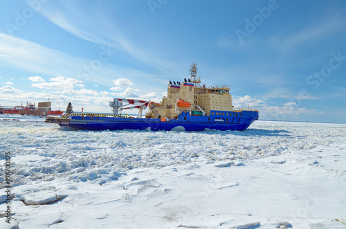 Icebreaker in the water area of the port.