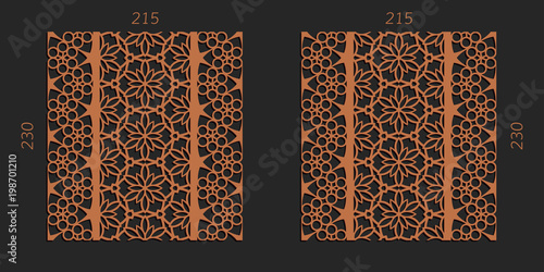 Laser cutting set. Woodcut vector trellis panels. Plywood lasercut floral design. Striped seamless patterns for printing, engraving, paper cut. Stencil lattice ornaments.