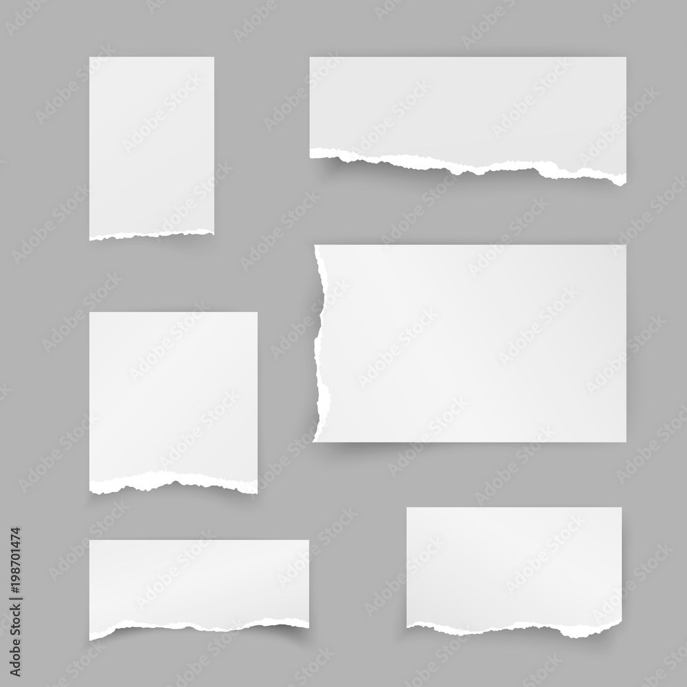 Set of torn paper pieces. Scrap paper. Object strip with shadow isolated on  gray background. Vector illustration Stock Vector