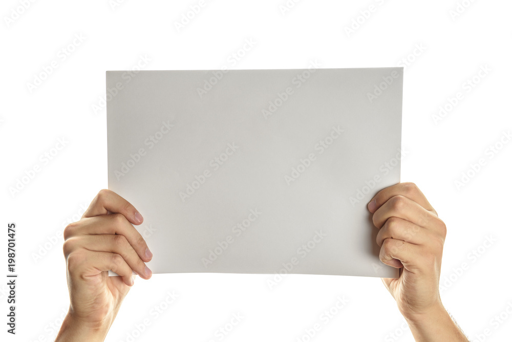 Hand hold paper banner. Empty sign poster in men hands for you text. Business concept on white isolated background. Hand hold paper banner. Empty sign poster in men hands for you text. Business concept on white isolated background.
