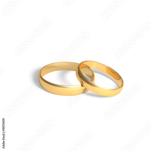 Two golden rings. Gold wedding rings pair. Vector 3D realistic illustration isolated on white background