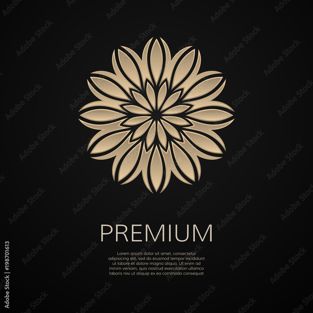 Golden flower shape. Gradient premium logotype. Isolated floral logo. Business identity concept for bio, eco company, yoga or spa salon.
