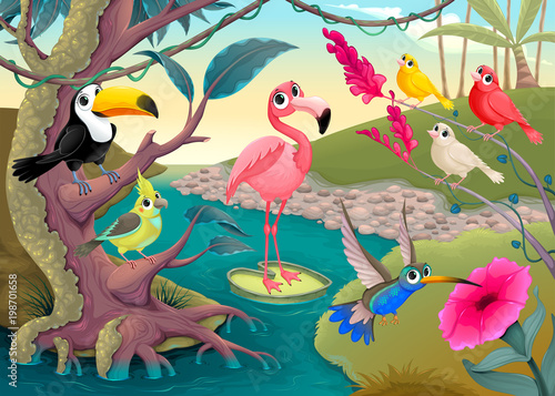 Group of funny tropical birds in the jungle