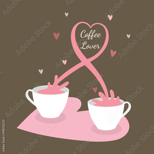 Cartoon cute coffee , Coffee is heart-shaped vector. Brown background.