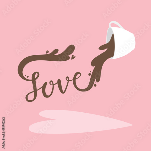 Cartoon cute coffee love, Splash is the word love vector. Pink background.