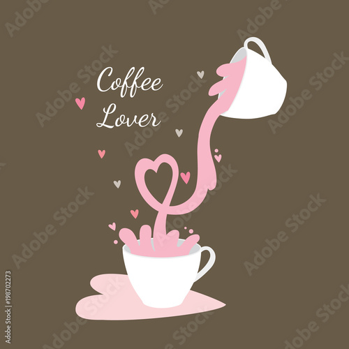Cartoon cute two cups coffee , Splash  is heart-shaped vector. Brown background.