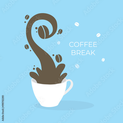 Cartoon cute coffee break , Splash is coffee beans vector. Blue background.