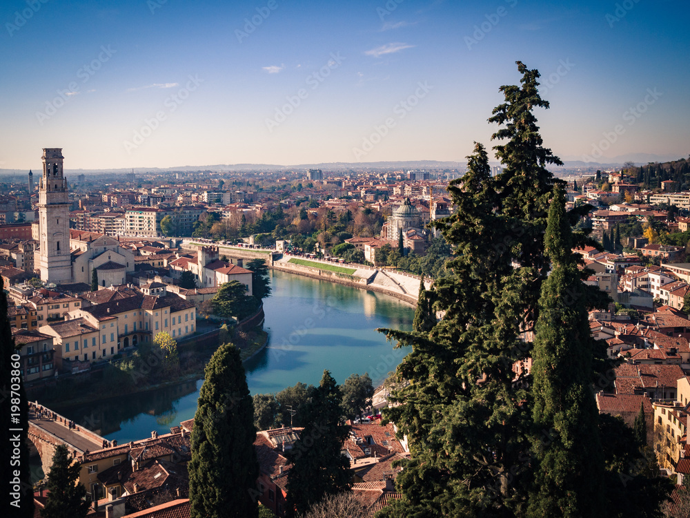 Panorama of Verona crossed by the Adige river.