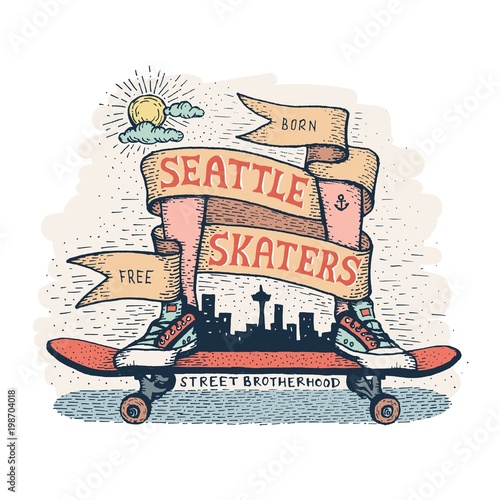 Legs in sneakers standing on skateboard, surrounded by  heraldic ribbon with inscription. Handcrafted color emblem in a hipster style, dedicated to skaters of Seattle.