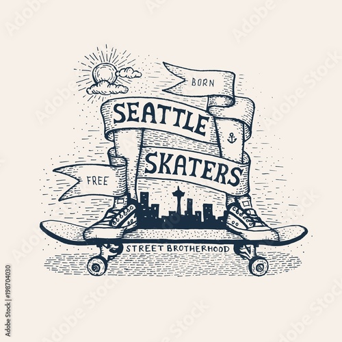 Skateboarding emblem in sketch style