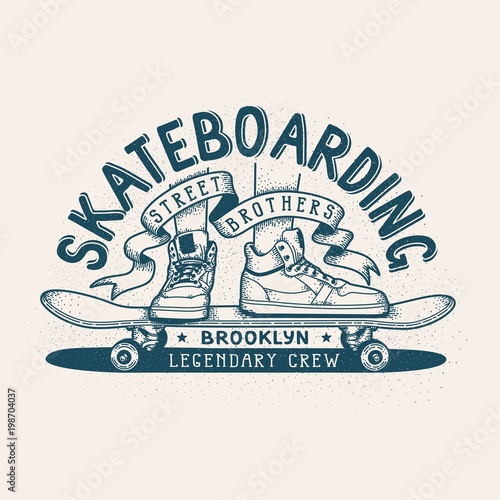 Skateboarding retro emblem. Monochrome print design with feet in sneakers and skateboard.