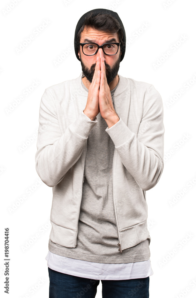 Hipster man pleading on white background Hipster man pleading on white background