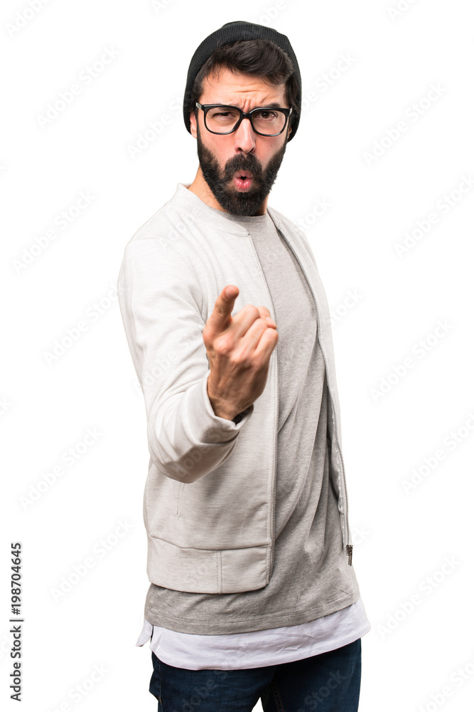 Hipster man shouting on white background Hipster man shouting on white background