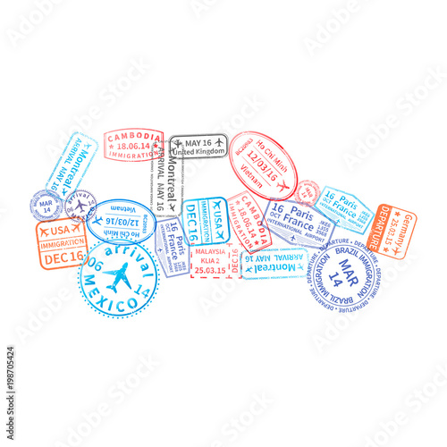 Bright colorful immigration stamps arranged in car shape isolated on white