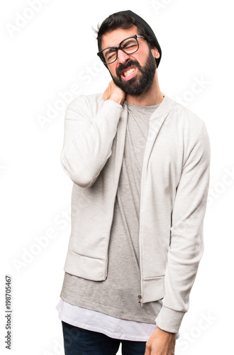 Hipster man with neck pain on white background