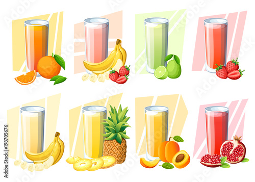 Set of juices and smoothies. Fresh fruit drink in glass. Peach, strawberry, banana, lime, pomegranate, orange, pineapple. Vector illustration isolated on white background