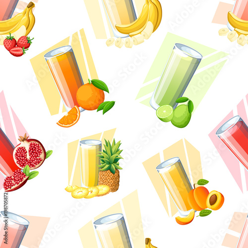 Seamless pattern of juices and smoothies. Fresh fruit drink in glass. Peach, strawberry, banana, lime, pomegranate, orange, pineapple. Vector illustration isolated on white background