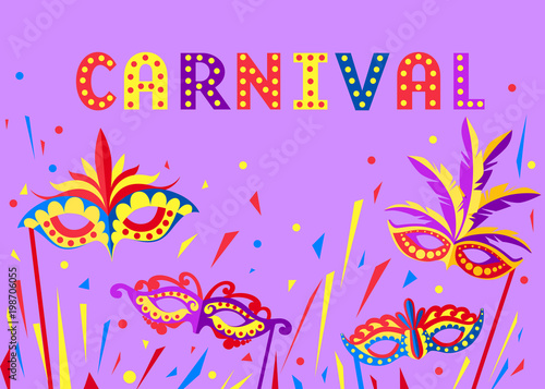 Carnival concept with carnival face masks. Masks for party decoration or masquerade. Mask with feathers. Vector illustration on purple background. Web site page and mobile app