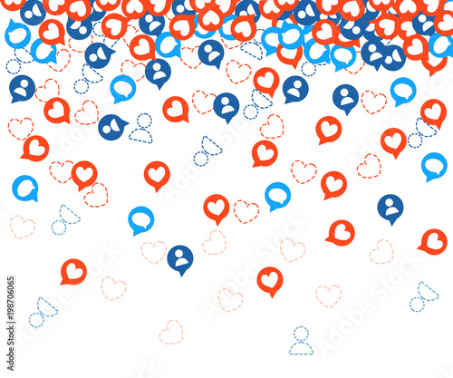 Get more likes. Red and blue icons falling. SEO concept. Design elements for social network,marketing. Vector illustration on white background. Web site page and mobile app design