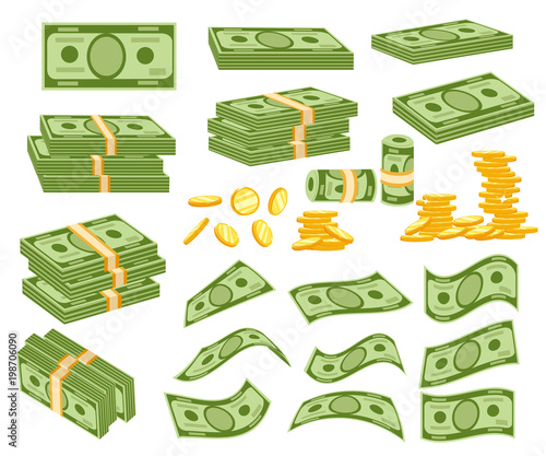 Set a various kind of money. Packing in bundles of bank notes, bills fly, gold coins. Vector illustration isolated on white background. Web site page and mobile app design