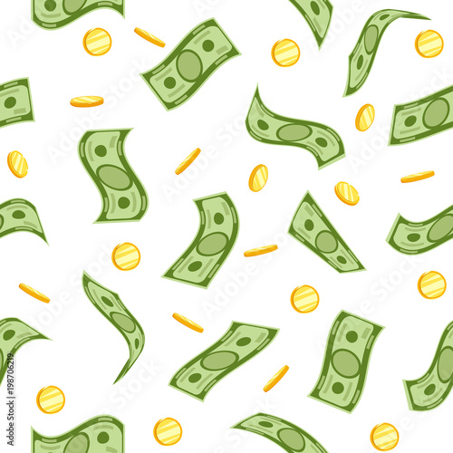 Seamless pattern. Money rain pattern. Falling dollar banknotes with golden coins on white background. Illustration for credit, savings, success, charitable concepts