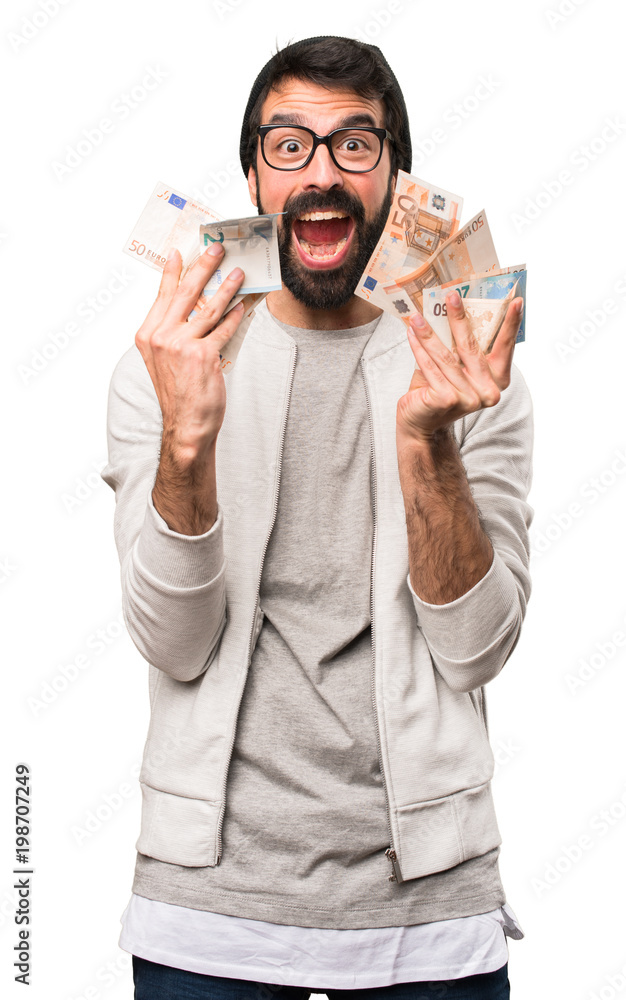 Happy Hipster man taking a lot of money on white background Happy Hipster man taking a lot of money on white background
