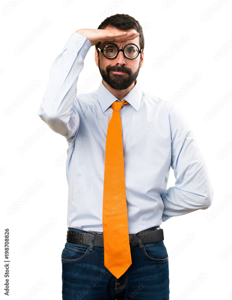 Funny man with glasses showing something Funny man with glasses showing something