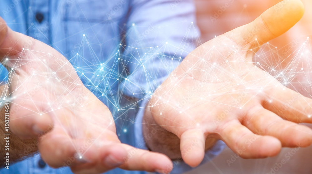 Businessman using flying network connection 3D rendering