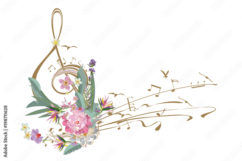 Fototapeta premium Abstract treble clef decorated with summer and spring flowers, notes. Hand drawn vector illustration.