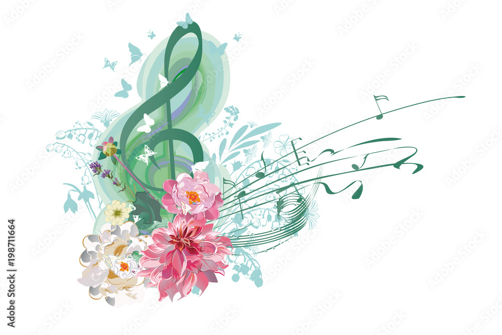 Obraz premium Abstract treble clef decorated with summer and spring flowers, notes. Hand drawn vector illustration.
