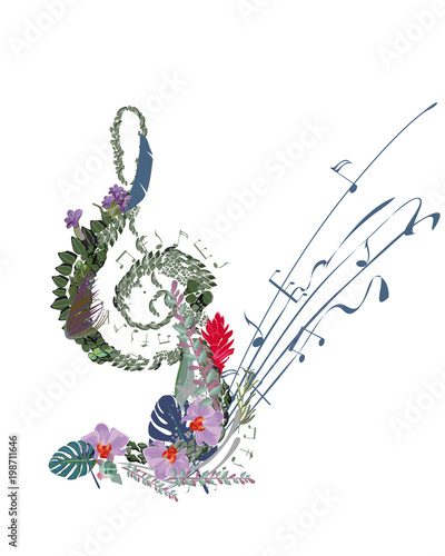 Canvas Print Abstract treble clef decorated with summer and spring flowers, notes