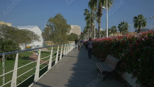 People walking on Pont de les Flores sidewalk photo