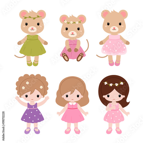 Cute baby ballerinas in pink dress. Vector clipart.